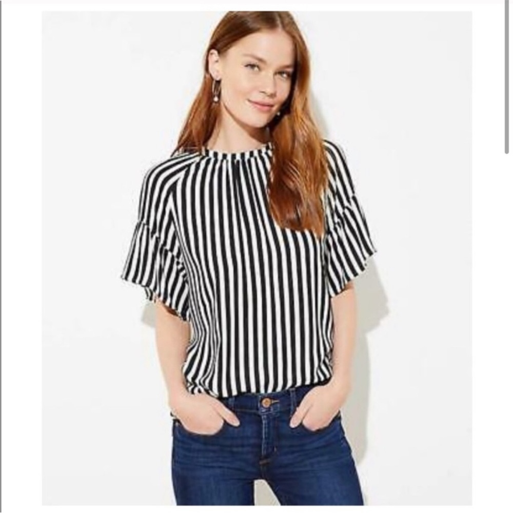 Loft - Black and White Striped Women's Top with Ruffle Sleeve and Tie Back - M